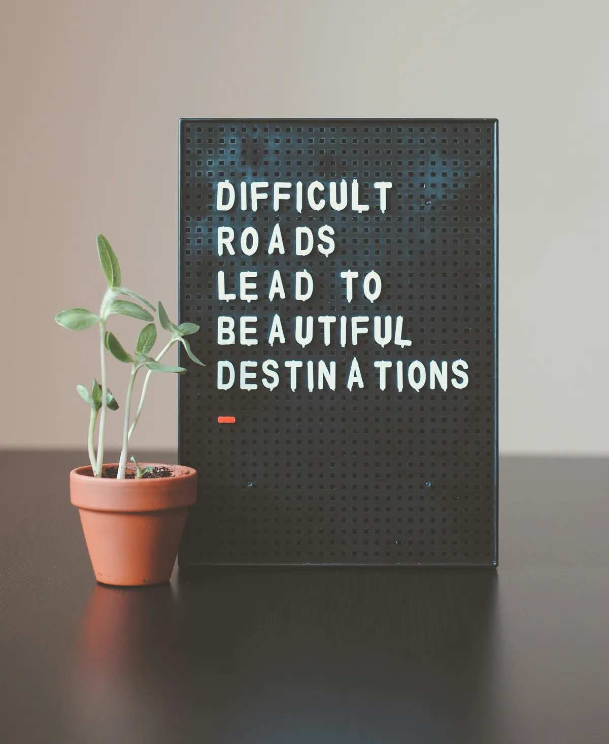 Letter board reading 'Difficult Roads Lead to Beautiful Destinations' beside a small potted plant